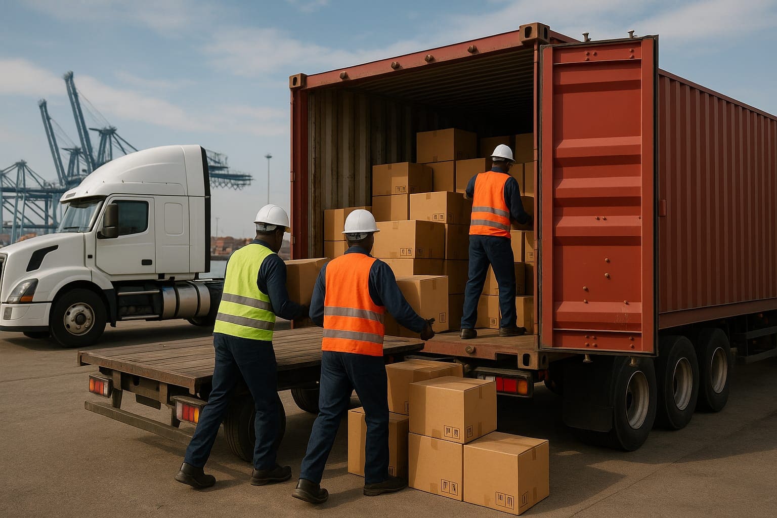 Agents chargeant des cartons dans un conteneur au port