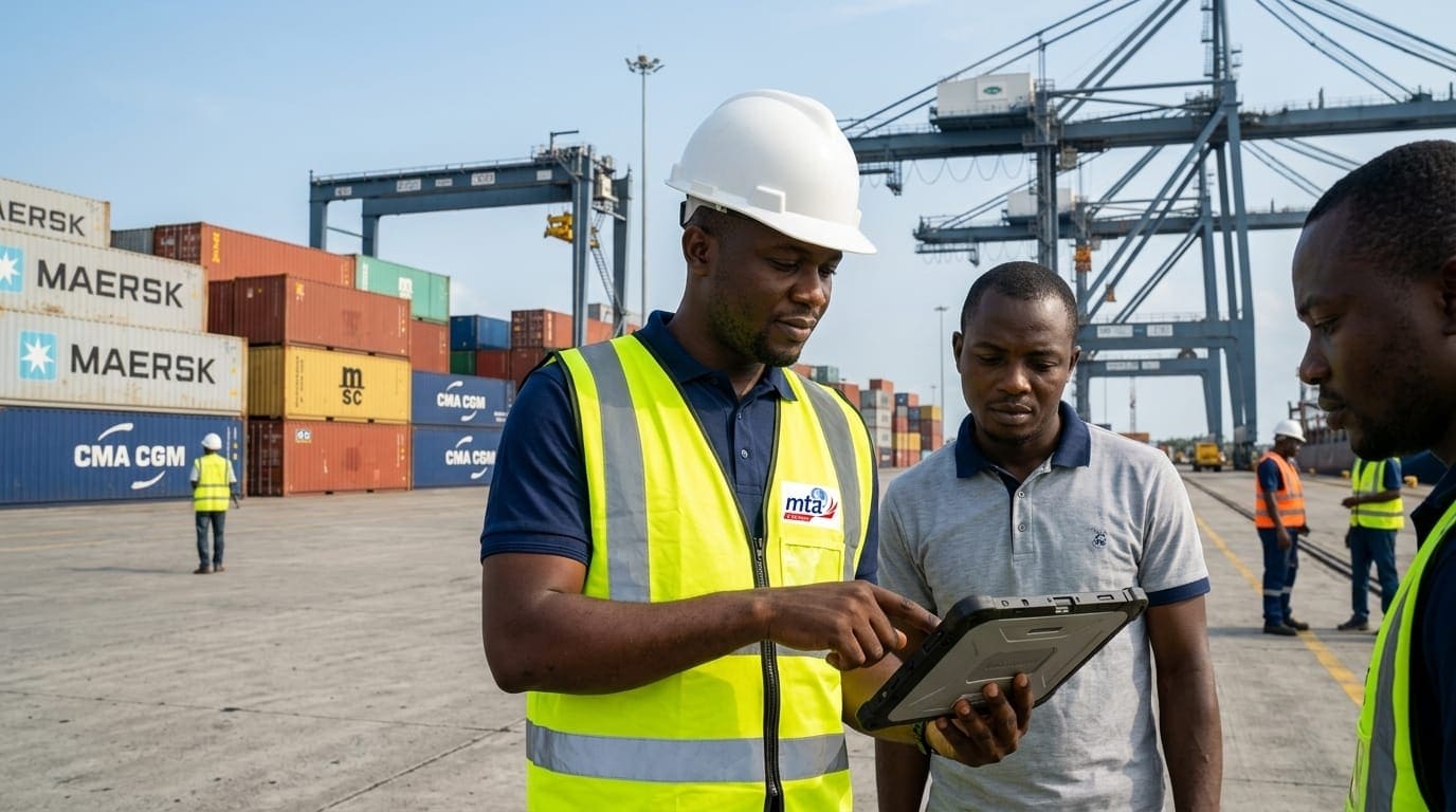 Agent agréé et inspecteur douanier vérifiant les déclarations CAMCIS au port