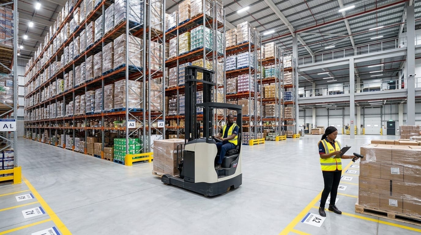 Entrepôt de stockage avec rayonnages et chariot élévateur