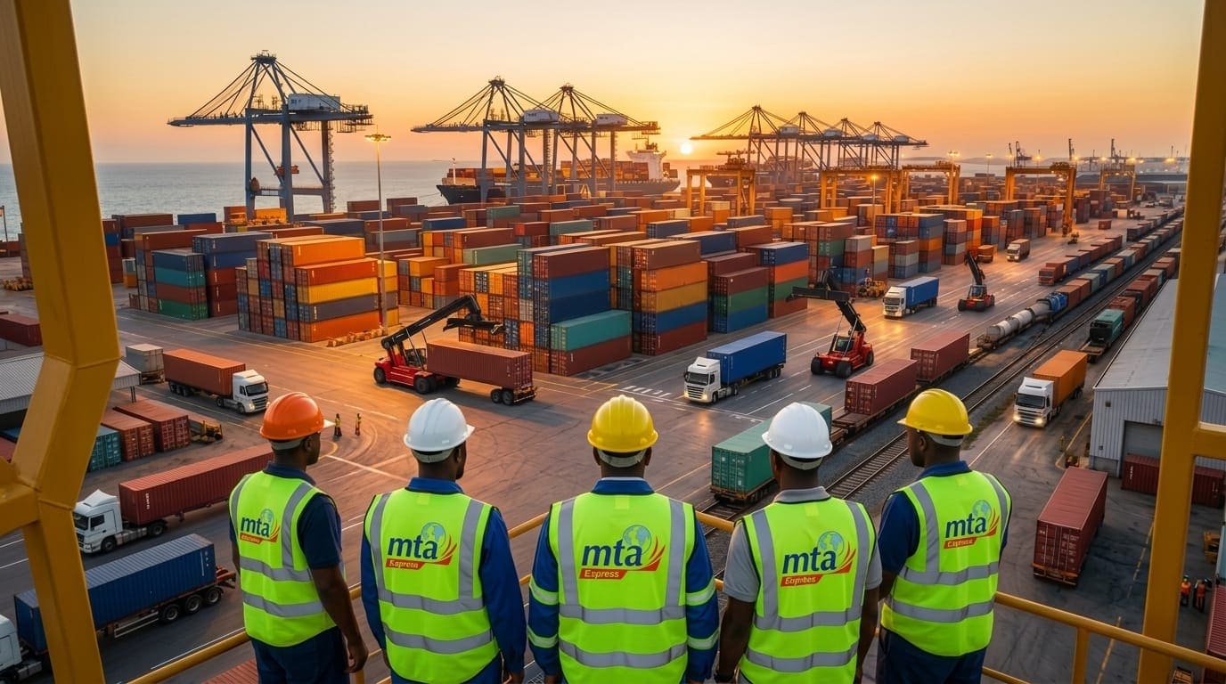 Équipe MTA Express en chasubles haute visibilité avec logo MTA face au terminal portuaire