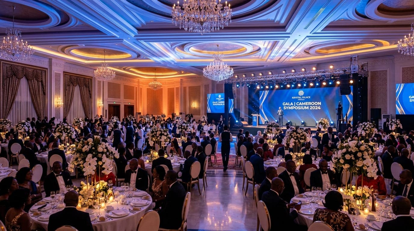 Salle de gala illuminée, tables dressées et scène pour un événement