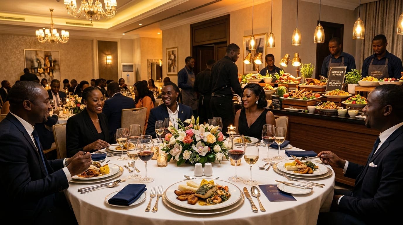 Clients souriants attablés lors d'un dîner servi par l'équipe de restauration